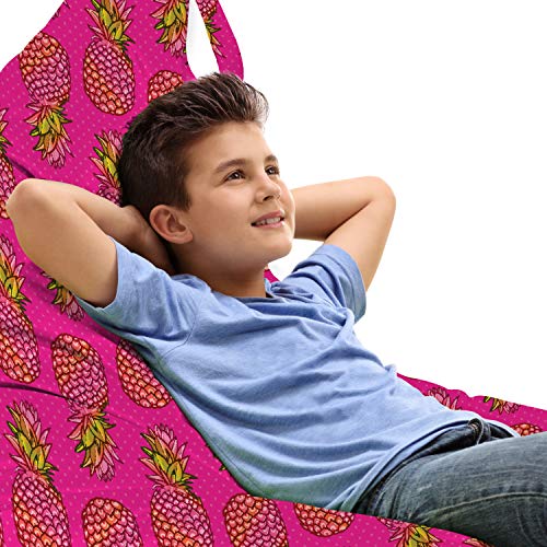 Lunarable Pineapple Lounger Chair Bag, Creative Effect Exotic Fruits of Hawaii Summer Themed Arrangement, High Capacity Storage with Handle Container, Lounger Size, Hot Pink and Yellow Green