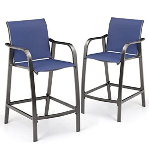 pellebant aluminum outdoor bar stool set of 2, patio counter height stools & bar chairs all-weather for backyard, pool, garden, deck,brown frame, 27.5” seat height,270 lb capacity-navy blue