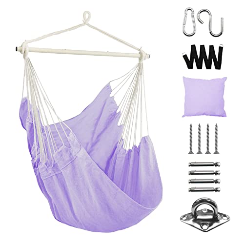 Dekool Hammock Chair Hanging Rope Swing, Detachable Steel Support Bar, Max 330 Lbs, Soft Durable Cotton Canvas, 1 Cushion & Hanging Hardware Included, for Indoor Outdoor, Purple