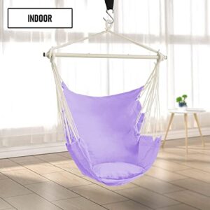 Dekool Hammock Chair Hanging Rope Swing, Detachable Steel Support Bar, Max 330 Lbs, Soft Durable Cotton Canvas, 1 Cushion & Hanging Hardware Included, for Indoor Outdoor, Purple