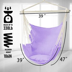 Dekool Hammock Chair Hanging Rope Swing, Detachable Steel Support Bar, Max 330 Lbs, Soft Durable Cotton Canvas, 1 Cushion & Hanging Hardware Included, for Indoor Outdoor, Purple