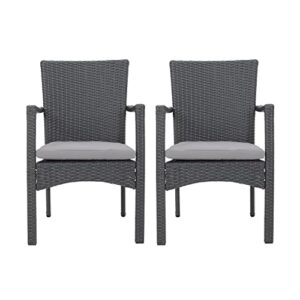 christopher knight home corsica outdoor wicker dining chairs with cushions, 2-pcs set, grey
