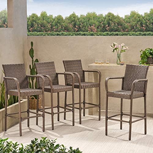 Christopher Knight Home Delfina Outdoor Wicker Barstools with Iron Frame, 4-Pcs Set, Mix Mocha