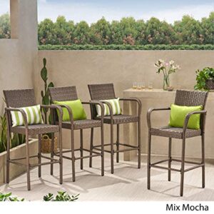 Christopher Knight Home Delfina Outdoor Wicker Barstools with Iron Frame, 4-Pcs Set, Mix Mocha