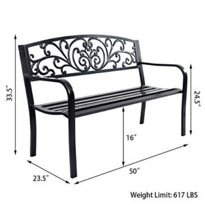 Tangkula Outdoor Steel Garden Bench Park Bench, 50 Inch Patio Park Bench Chair with Heavy-Duty Steel Frame, Outdoor Welcome Bench with Casted Pattern, Ideal for Yard Porch Balcony Garden Park
