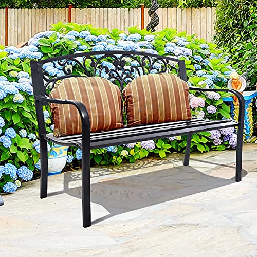 Tangkula Outdoor Steel Garden Bench Park Bench, 50 Inch Patio Park Bench Chair with Heavy-Duty Steel Frame, Outdoor Welcome Bench with Casted Pattern, Ideal for Yard Porch Balcony Garden Park