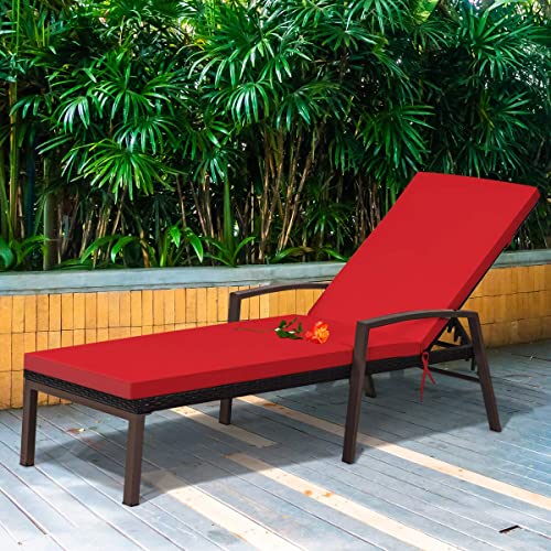 HAPPYGRILL 2PCS Patio Chaise Lounge Chair Outdoor Rattan Wicker Lounge Set Adjustable Backrest Poolside Chaise with Soft Cushions for Beach Pool Backyard Balcony