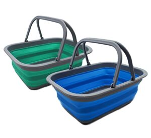 sammart 9.2l (2.37gallon) collapsible tub with handle – portable outdoor picnic basket/crater – foldable shopping bag – space saving storage container (bluish-green & blue, 2)