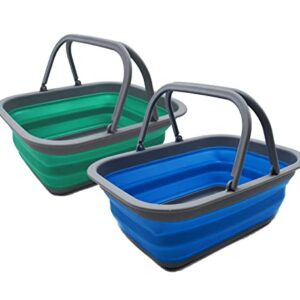 SAMMART 9.2L (2.37Gallon) Collapsible Tub with Handle - Portable Outdoor Picnic Basket/Crater - Foldable Shopping Bag - Space Saving Storage Container (Bluish-Green & Blue, 2)