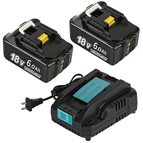 APTOOLER 2 Pack 6.0Ah BL1860B Battery with DC18RC Charger Compatible with Makita 18V Battery BL1860 BL1850 BL1850B BL1840 BL1840B BL1830 BL1830B BL1815B LXT400 18-Volt Power Tools Batteries