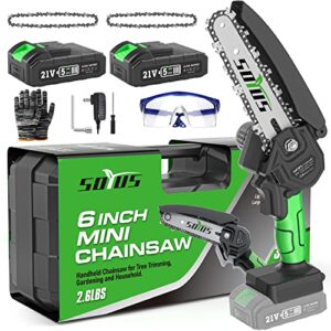 mini chainsaw 6-inch cordless, soyus electric chainsaw mini battery chainsaw with 2pcs batteries, handheld small chainsaw for tree trimming branch wood cutting green