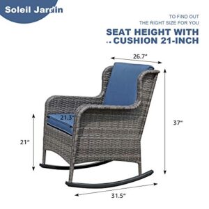 Soleil Jardin Outdoor Resin Wicker Rocking Chair with Cushions, Patio Yard Furniture Club Rocker Chair, Gray Wicker & Navy Cushions,Set of 2