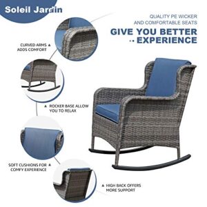 Soleil Jardin Outdoor Resin Wicker Rocking Chair with Cushions, Patio Yard Furniture Club Rocker Chair, Gray Wicker & Navy Cushions,Set of 2