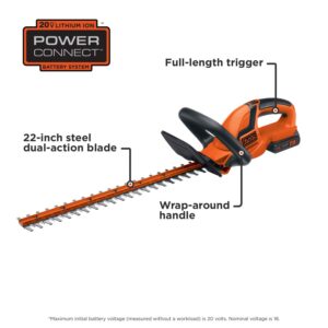 black+decker 20v max cordless hedge trimmer, 22 inch steel blade, reduced vibration, battery and charger included (lht2220), orange