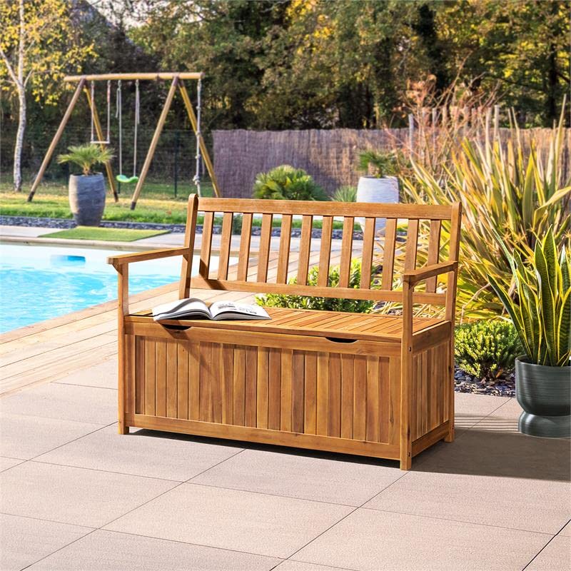 47"W Acacia Wood Outdoor Storage Bench - Perfect for Storing Blankets, Cushions or Toys - 100% Weather Resistant Wood - Perfect for Modern Garden Setting - Outdoor Furniture, Patio Bench, Garden Bench