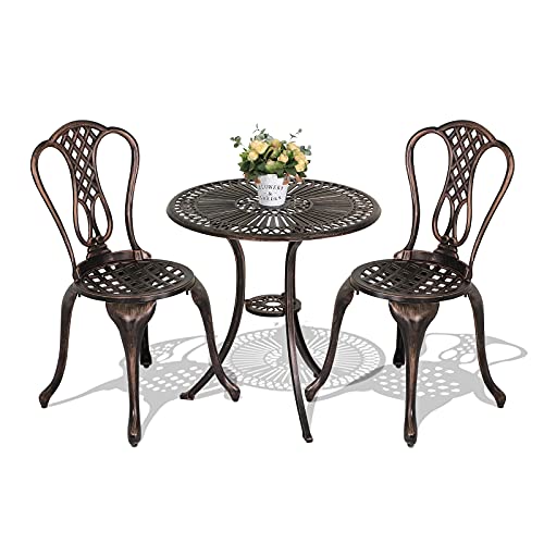 JOIVI 3 Piece Patio Bistro Set, Cast Aluminum Outdoor Conversation Set, Garden Table and Chairs with Umbrella Hole for Backyard, Lattice Design Antique Bronze