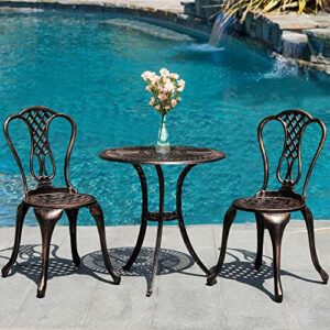 JOIVI 3 Piece Patio Bistro Set, Cast Aluminum Outdoor Conversation Set, Garden Table and Chairs with Umbrella Hole for Backyard, Lattice Design Antique Bronze