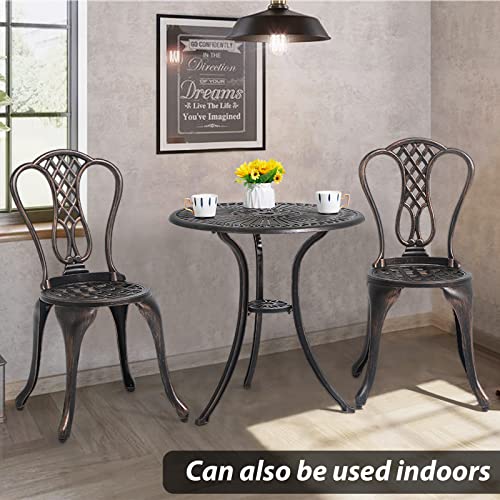 JOIVI 3 Piece Patio Bistro Set, Cast Aluminum Outdoor Conversation Set, Garden Table and Chairs with Umbrella Hole for Backyard, Lattice Design Antique Bronze