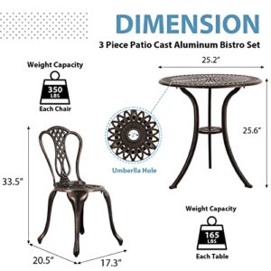 JOIVI 3 Piece Patio Bistro Set, Cast Aluminum Outdoor Conversation Set, Garden Table and Chairs with Umbrella Hole for Backyard, Lattice Design Antique Bronze