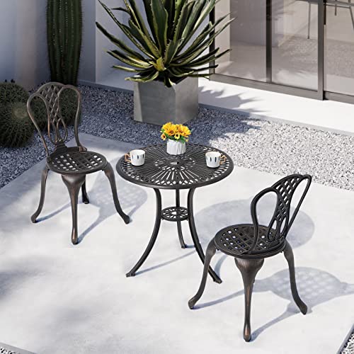 JOIVI 3 Piece Patio Bistro Set, Cast Aluminum Outdoor Conversation Set, Garden Table and Chairs with Umbrella Hole for Backyard, Lattice Design Antique Bronze