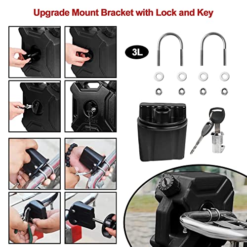 0.8 Gallon Black Gas Can with Lock & Key, 3L Fuel Oil Petrol Storage Cans Emergency Backup Tank with Mounting Bracket for Car Motorcycle UTV SUV ATV Off Road