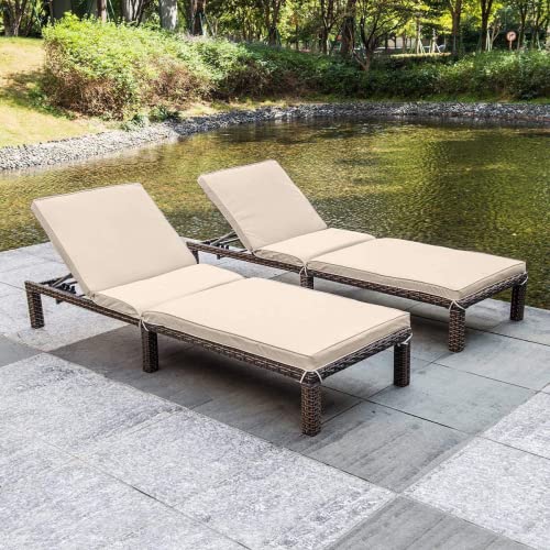 Grepatio Outdoor Chaise Lounge Chairs Set of 2, Patio Wicker Lounge Chair for Outside Pool, Adjustable Rattan Daybed with Cushions, Patio Seating Pool Furniture Beach Lounge Chairs (2 Pcs)