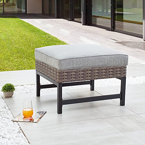 LOKATSE HOME Patio Ottoman Outdoor Wicker Foot Rest Seat with Cushion Rattan Furniture for Garden Backyard Lawn Deck, Grey