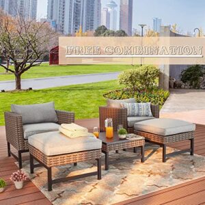 LOKATSE HOME Patio Ottoman Outdoor Wicker Foot Rest Seat with Cushion Rattan Furniture for Garden Backyard Lawn Deck, Grey