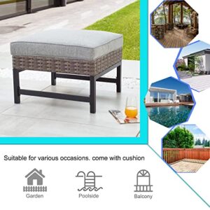 LOKATSE HOME Patio Ottoman Outdoor Wicker Foot Rest Seat with Cushion Rattan Furniture for Garden Backyard Lawn Deck, Grey