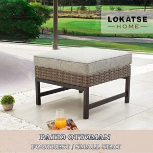 LOKATSE HOME Patio Ottoman Outdoor Wicker Foot Rest Seat with Cushion Rattan Furniture for Garden Backyard Lawn Deck, Grey