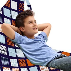 lunarable modern lounger chair bag, design of hand drawn squares with stripes waves and polka dots, high capacity storage with handle container, lounger size, indigo pale vermilion