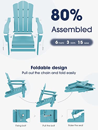 KINGYES Folding Adirondack Chair with Double Layer Side Table 3-Piece Adirondack Chair Set (Including 2 Folding Chairs-Tiffany and 1 Side Table-Tiffany)