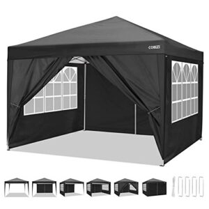 cobizi 10’x10′ outdoor canopy tent, beach pop up canopy and portable gazebo party commercial instant shelter tent waterproof canopies with 4 sidewalls & carrying bag,black