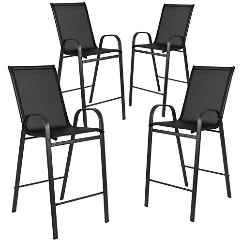 EMMA + OLIVER 4 Pack Brazos Series Black Outdoor Barstool with Flex Comfort Material and Metal Frame