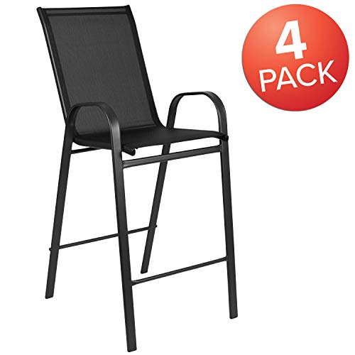 EMMA + OLIVER 4 Pack Brazos Series Black Outdoor Barstool with Flex Comfort Material and Metal Frame