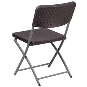 EMMA + OLIVER 2 Pack Brown Rattan Plastic Indoor-Outdoor Patio Folding Chair