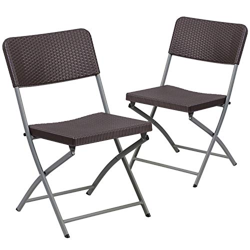 EMMA + OLIVER 2 Pack Brown Rattan Plastic Indoor-Outdoor Patio Folding Chair