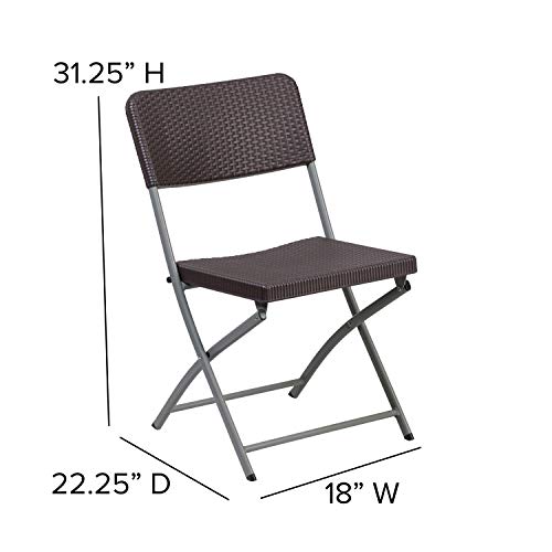 EMMA + OLIVER 2 Pack Brown Rattan Plastic Indoor-Outdoor Patio Folding Chair