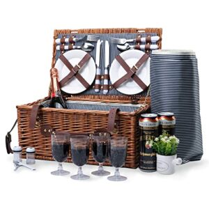 Picnic Baskets for 4 Persons Retro Classic Willow Hamper Set with Waterproof Blanket for Camping &Outdoor Party (Retro Style)