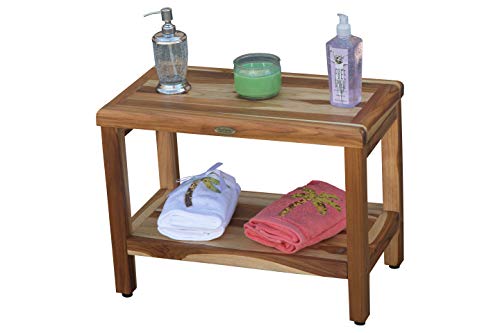 EcoDecors Teak Shower Bench Eleganto Garden Bench with Shelf Natural Teak Wooden Seat Patio Bench Wood Shower Bench in Earthy Teak Finish - 24 inches Length