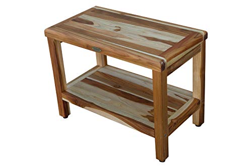 EcoDecors Teak Shower Bench Eleganto Garden Bench with Shelf Natural Teak Wooden Seat Patio Bench Wood Shower Bench in Earthy Teak Finish - 24 inches Length