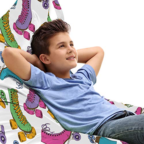 Lunarable Teen Lounger Chair Bag, Colorful Retro Style Roller Skates Youth Activity Girls Boys Fun Theme Sketch Art, High Capacity Storage with Handle Container, Lounger Size, Multicolor