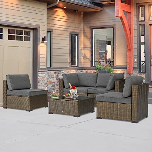 Kinsunny 5 PCs Outdoor Rattan Patio Furniture Set Wicker Conversation Set with Coffee Table Furniture Sectional Set for Garden Lawn Backyard