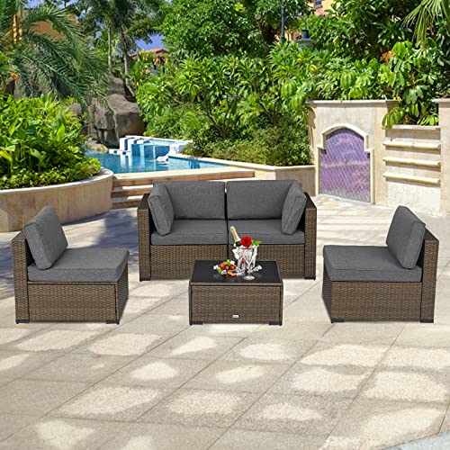 Kinsunny 5 PCs Outdoor Rattan Patio Furniture Set Wicker Conversation Set with Coffee Table Furniture Sectional Set for Garden Lawn Backyard