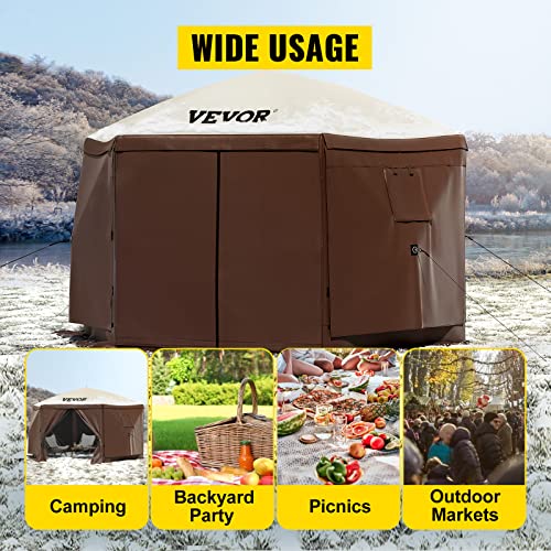 VEVOR 12x12ft Camping Gazebo Screen Tent, 6 Sided Pop-up Canopy Shelter Tent with Mesh Windows, Portable Carry Bag, Stakes, Large Shade Tents for Outdoor Camping, Lawn and Backyard