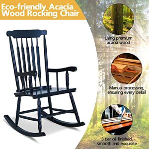 PHI VILLA Outdoor Wood Rocking Chair, Oversized Acacia Wood Slat Back Rocker Chairs for Patio, Deck, Balcony, Porch and Indoor, 30° Safe Recline Support 350 lbs - Black