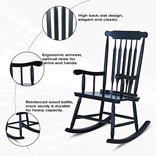 PHI VILLA Outdoor Wood Rocking Chair, Oversized Acacia Wood Slat Back Rocker Chairs for Patio, Deck, Balcony, Porch and Indoor, 30° Safe Recline Support 350 lbs - Black