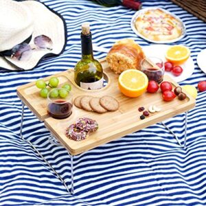 INNO STAGE Picnic Wine Table, Folding Portable Bamboo Glass and Bottle Holder, Snack Tray or Cheese Board for Outdoor Concerts at Park or Beach, Gift for Wine Lover