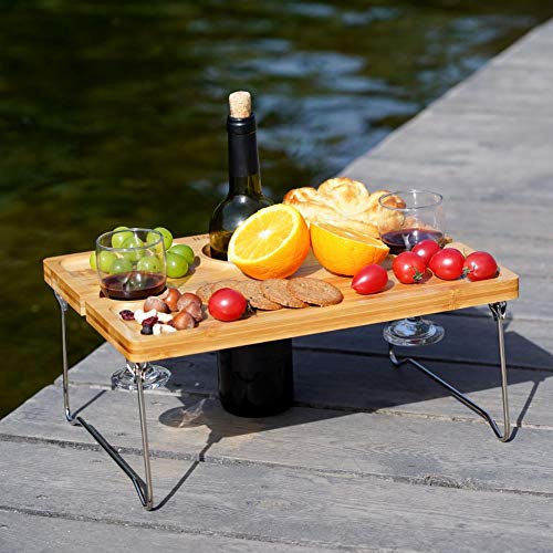 INNO STAGE Picnic Wine Table, Folding Portable Bamboo Glass and Bottle Holder, Snack Tray or Cheese Board for Outdoor Concerts at Park or Beach, Gift for Wine Lover