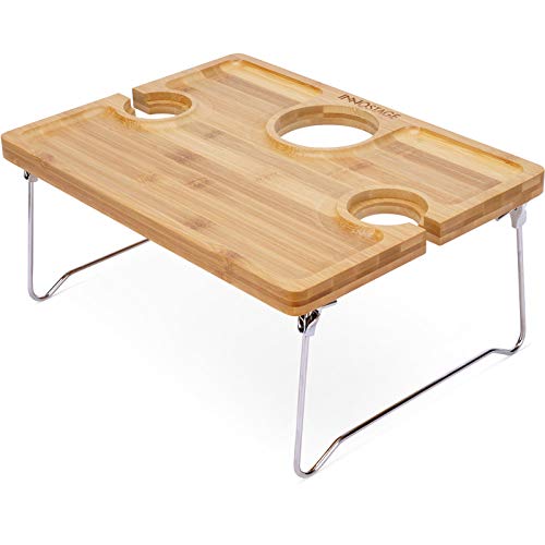 INNO STAGE Picnic Wine Table, Folding Portable Bamboo Glass and Bottle Holder, Snack Tray or Cheese Board for Outdoor Concerts at Park or Beach, Gift for Wine Lover